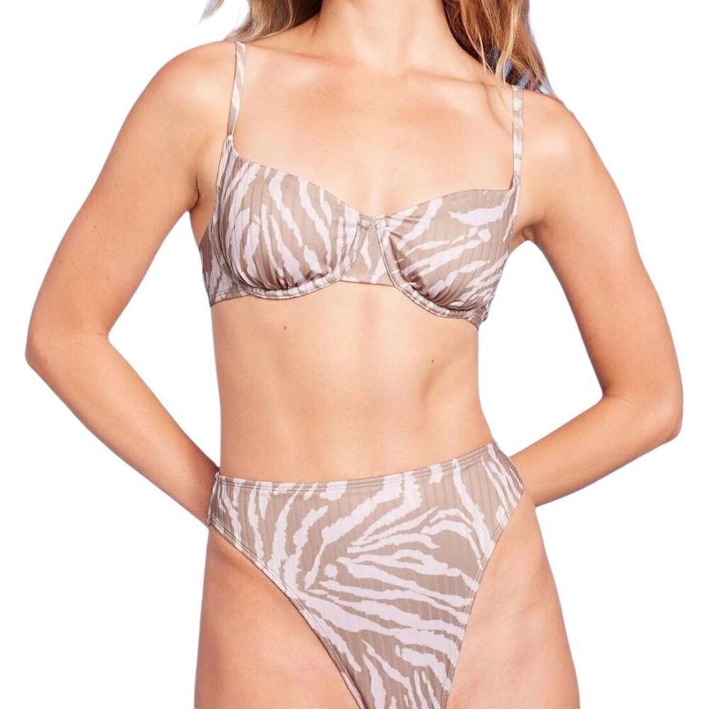 Wild Fable Animal Print Ribbed Underwire Bralette Bikini Top and High Cut Bikini
